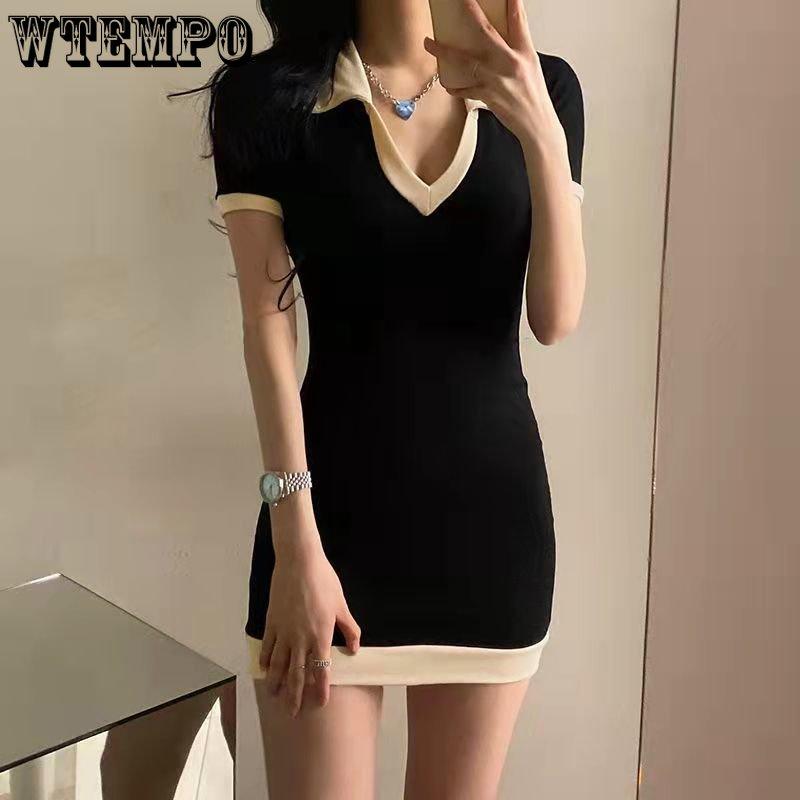 Ins Style Collision Color Wrap Flap Flap Женское платье с низкой грудью и V-образным вырезом Тонкие и тонкие платья с короткими рукавами Spicy Girl Hundred Package Hip Dresss