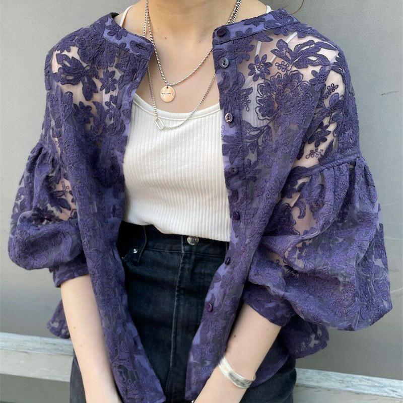 Tooxika Hot Sale Long-sleeved Tops Lantern Sleeves Round Neck Lace Cardigan Women's Shirt