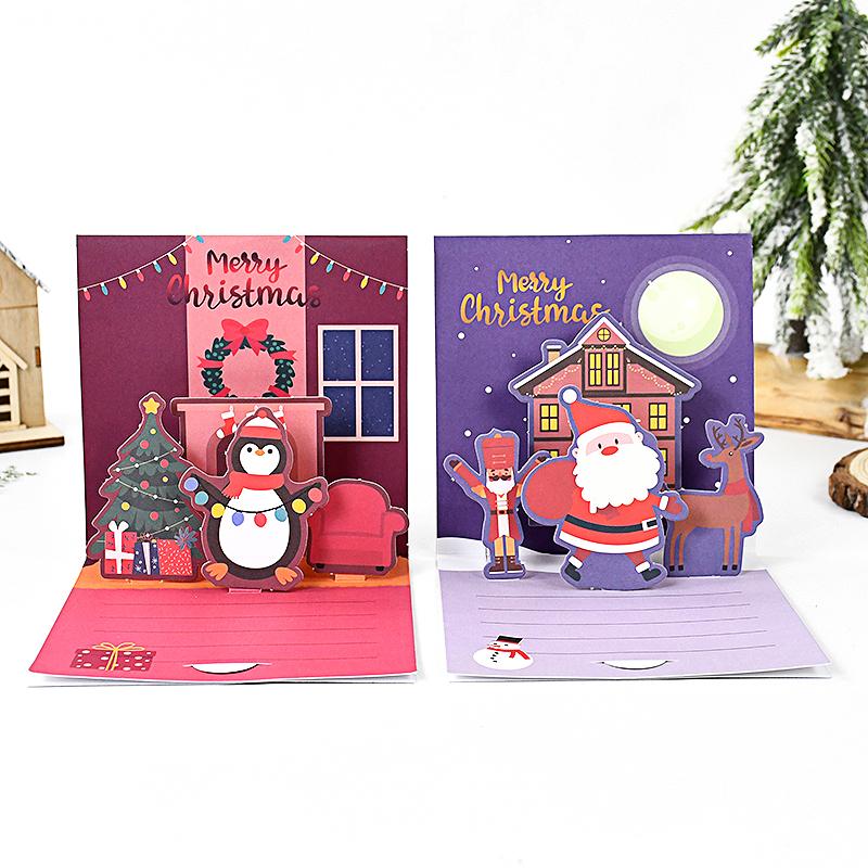 3D Pop Up Christmas Greeting Card Kids Mini Cartoon Christmas Blessing Greeting Cards with Envelope New Year Xmas Post Gift Card