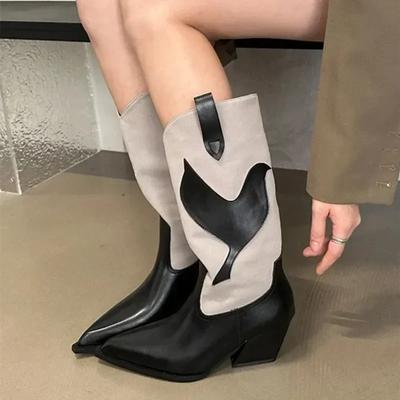 Роскошные ковбойские сапоги с острым носком, женские новые рыцарские сапоги в стиле ретро для женщин, кожаные сапоги с толстым каблуком и отделкой из натуральной кожи до середины голени