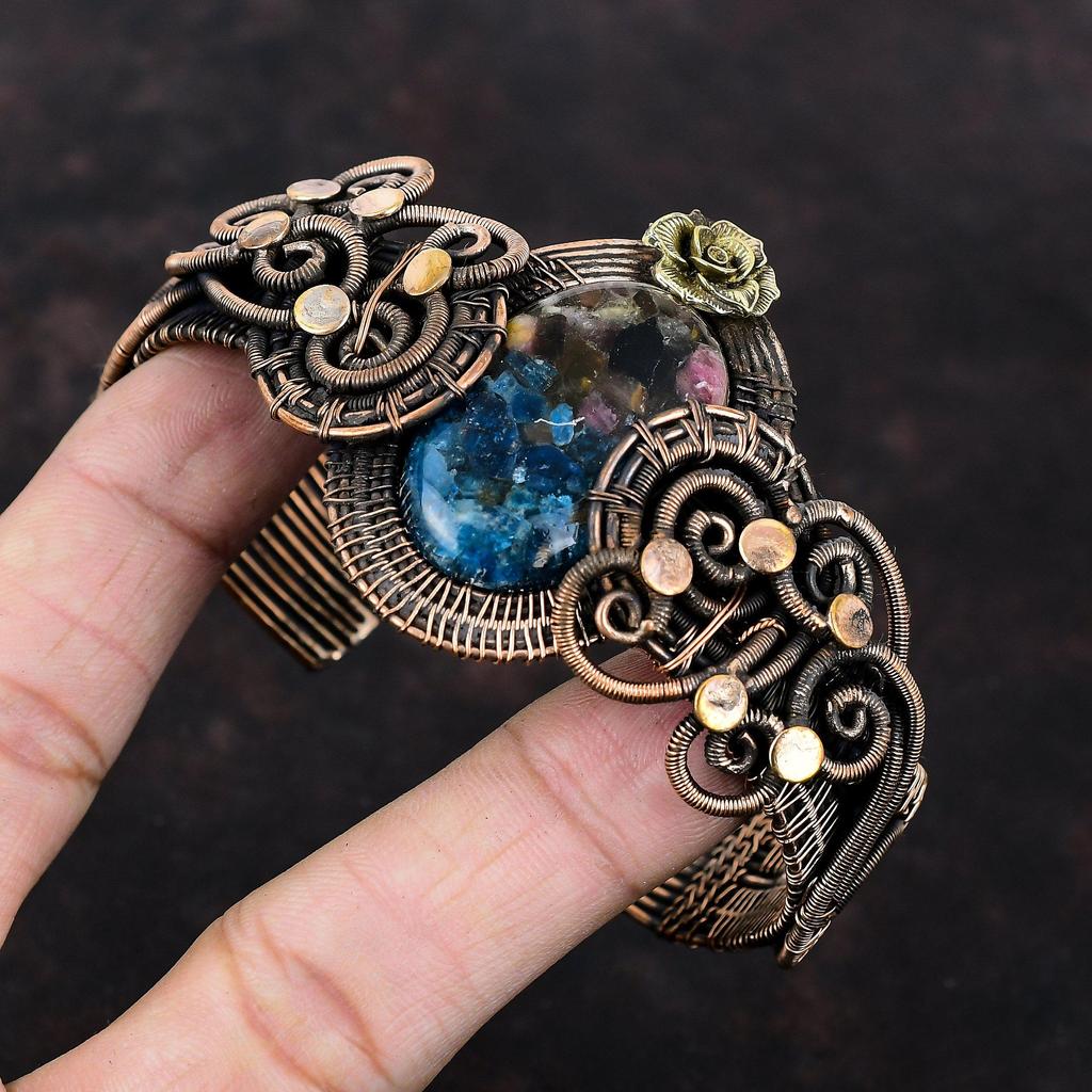 Copper Watermelon Tourmaline Bangle Copper Wire Wrapped Gemstone Cuff Bracelet Handmade Adjustable Bangle Gift For Her Flower Copper Jewelry