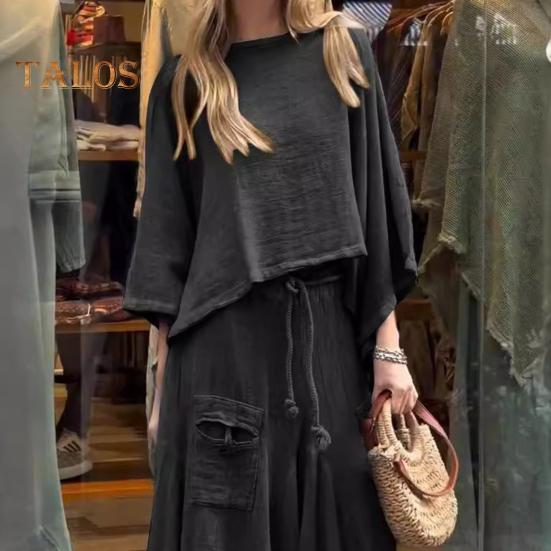 2 Pcs/Set Women Top Skirt Suit Round Neck Three Quarter Sleeve Slant Hem Vintage Top Drawstring Elastic Waist Loose Irregular Maxi Skirt Spring Daily