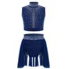 Children’s Sparkle Rhinestone Sleeveless Mock Neck Top Keyhole Back and Ruched Irregular Skirt for Dance Show Practice