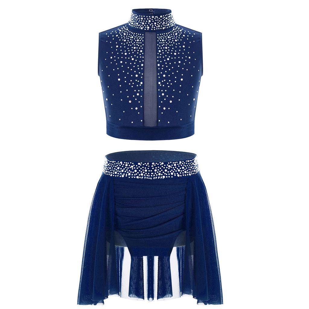 Children’s Sparkle Rhinestone Sleeveless Mock Neck Top Keyhole Back and Ruched Irregular Skirt for Dance Show Practice