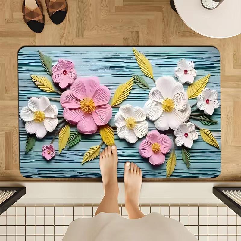 VIKAMA Floral Floor Mat Elegant Oil Painting Style Absorbent Anti-Slip Bathroom Foot Mat Entrance Foyer Carpet Home Decor