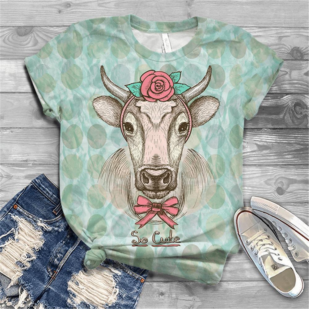 Женская футболка с коротким рукавом, летняя повседневная анимационная лошадь, цифровой 3D принт, сексуальный топ с диагональным воротником, свободный женский пуловер