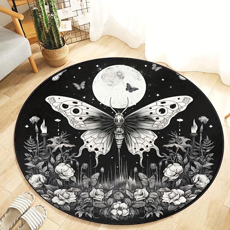 Moon Butterfly Gothic Round Rug Night Garden Floral Insect Art Black White Boho Home Decor Anti Slip Floor Mat