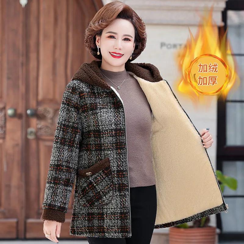 Пальто для женщины среднего возраста, зимние парки, твидовое шерстяное пальто, флисовая утолщенная куртка с хлопковой подкладкой, женская теплая верхняя одежда оверсайз