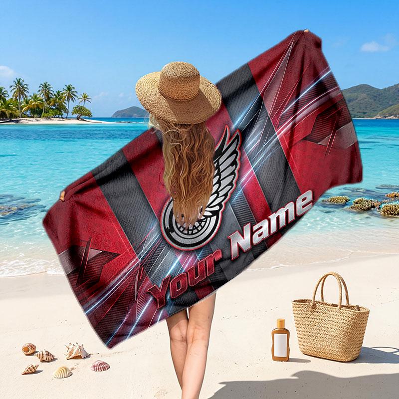 Detroit Red Wings Customized Name Text Beach Towel, Soft Absorbent Towel Beach Pool Travel Personal Gift