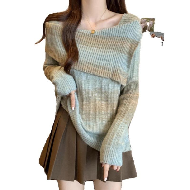 One Character Collar Contrasting Color Women's Knitted Sweater Korean Fashion Simple Lady Top Autumn Winter Long Sleeved Pullover