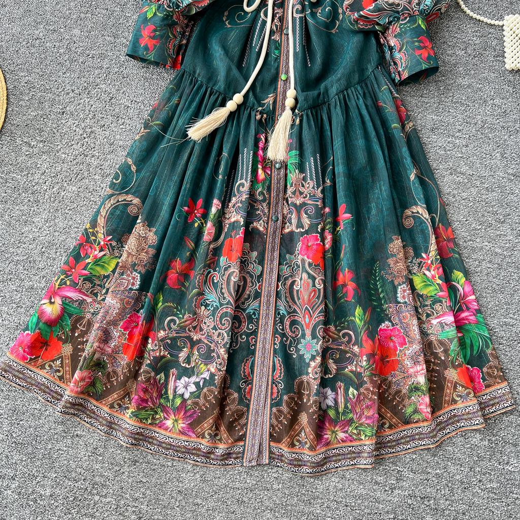 Весна-лето Женское винтажное платье с принтом дворца на подиуме с рукавами-фонариками Длинные макси-платья для отдыха на пляже с поясом