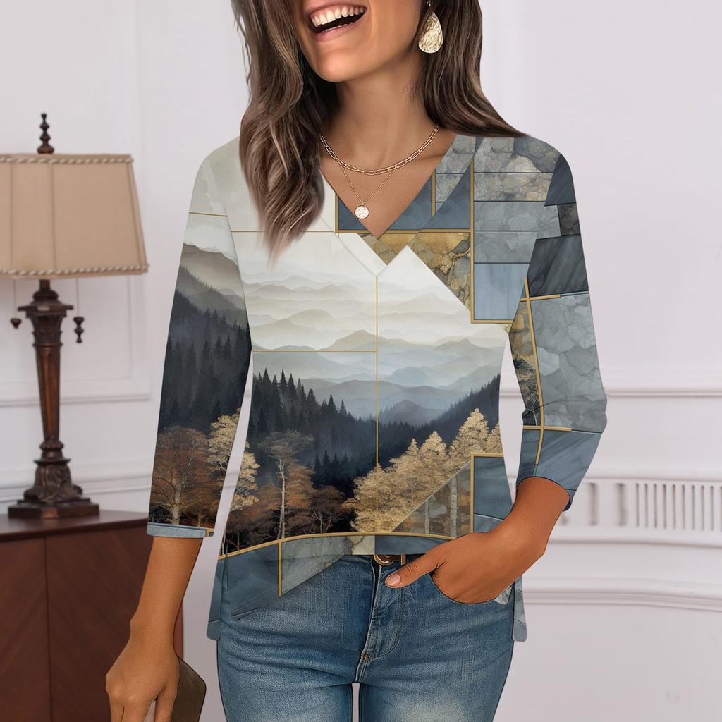 3/4 Sleeve Shirts For Women  Print Graphic Tees Blouses Casual Plus Size Basic Tops Pullover