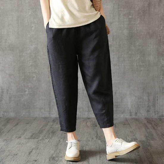 Women Harem Pants Solid Color Loose Fit Slacks with Pockets Elastic High Waist Retro Casual Trousers Streetwear