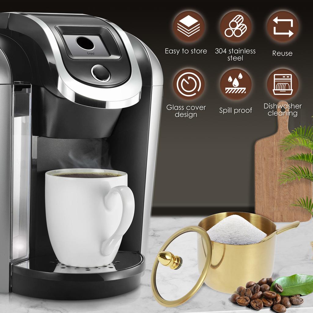 Набор из 1/2 шт. мисок для сахара из нержавеющей стали со стеклянной крышкой и ложкой, нержавеющая коробка для приправ, круглые емкости для приправ, полированный блестящий сахар