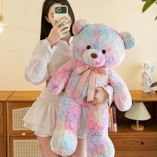 Bear Doll Dreamy Gradient Color Giant Size Girl Plush Toy with Bowknot Decor Valentine Day Home Decor