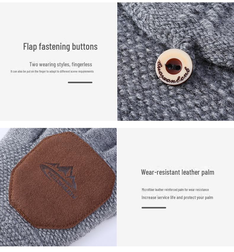 Мужские зимние вязаные перчатки-флип - ветрозащитные, теплые, с нескользящей ладонью, толстые перчатки для отдыха на природе (Модель DZ102).