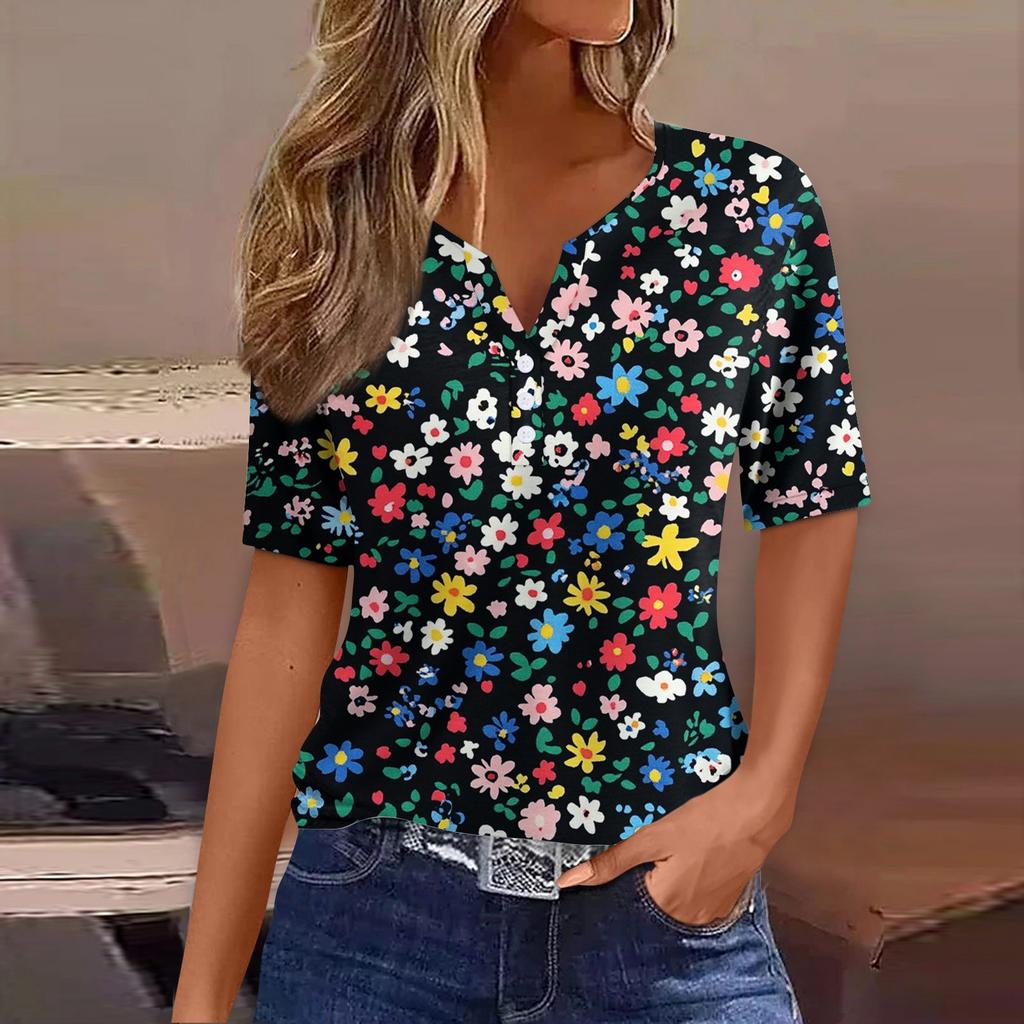 Women's T Shirt Print Button Short Sleeve Daily Weekend Fashion Basic V- Neck Regular Top