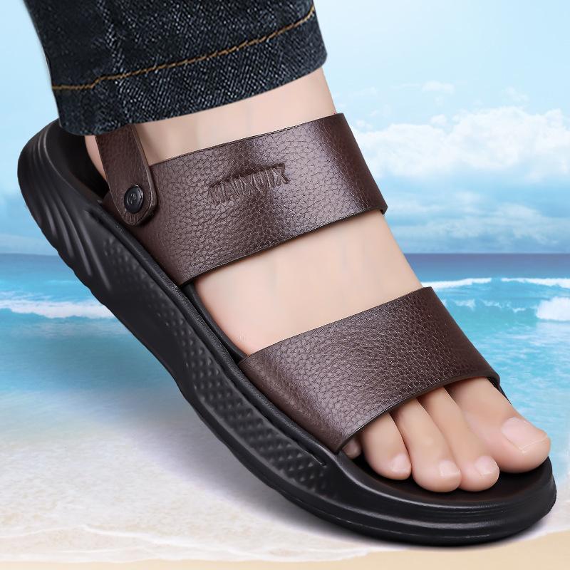 Summer New Leather Sandals for Men Fashion Casual Solid Color Dual-use Beach Shoes Male Soft Sole Designer Slipper Shoes Man