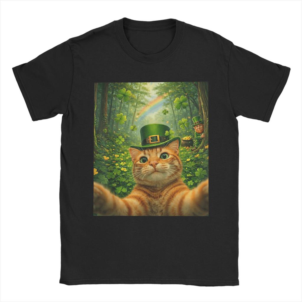 St Patricks Day Cat Selfie with Leprechaun Funny Photo T Shirt Beach Cotton T Shirts For Unisex Harajuku Casual Tee Shirt