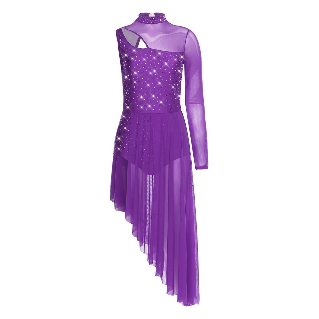 Womens Asymmetrical Lyrical Dance Dress Mock Neck Cutout Sheer Mesh Shiny Rhinestones Performance Costume