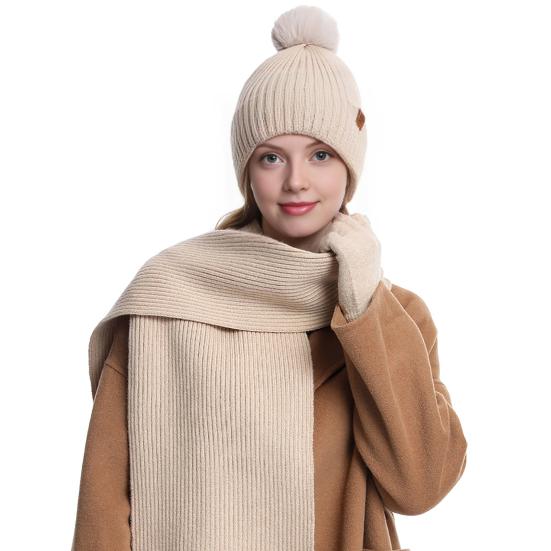 3Pcs/Set Winter Knitted Scarf Gloves Set Pom Pom Ball Double Layer Thickened Brimless Hat Touchscreen Gloves Neck Warmer Set