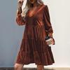 Spring Fall Women Dress Golden Velvet V Neck Pleated Patchwork Long Sleeves A-line Solid Color Knee Length Dating Shopping Midi Dress