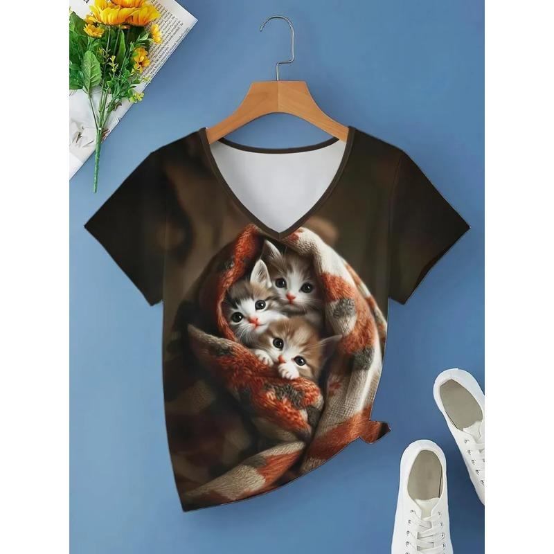 Женская футболка с V-образным вырезом, напечатанная на 3D-принтере, с рисунком котенка, универсальная, летняя, свежая, женская версия, дышащая, машинная стирка, топ для улицы