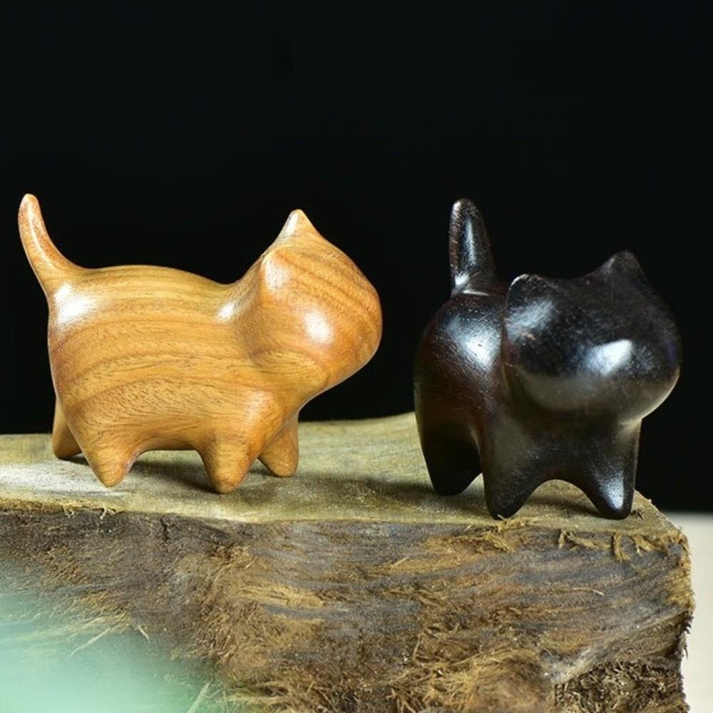 Wood Carving Wooden Cat Figurine Handmade Kitten Sculpture Lucky Cat Ornament Bookshelf Display