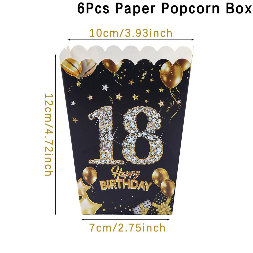 6 шт. Коробка для попкорна из бумаги на день рождения, черная, золотая, для вечеринки, подарочная коробка для угощений на 18, 21, 30, 40, 50, 60 лет, товары для вечеринки по случаю дня рождения для взрослых