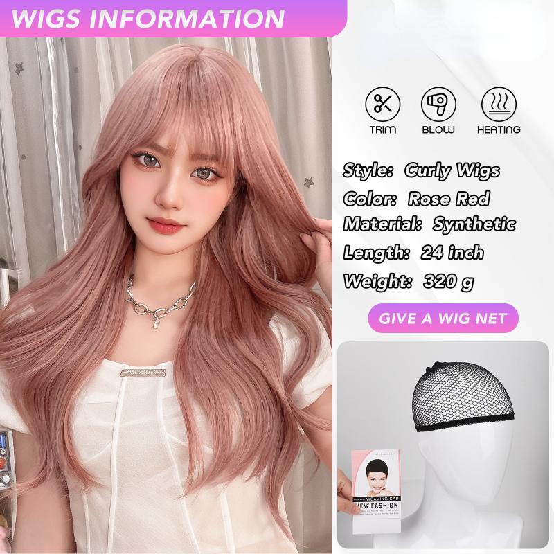 Розово-коричневые вьющиеся парики с воздушной челкой, 24-дюймовые волокна, синтетические парики, термостойкие натуральные вечерние или селфи для женщин, корейская мода