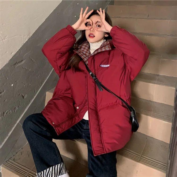 Women's Designer Unique Thickened Cotton Coat Burgundy Puffer Jacket Korean Style Loose Winter
