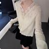 Women Imitation Cashmere V Neck Open Front Cardigan Hollow Crochet Knit Sweater Top