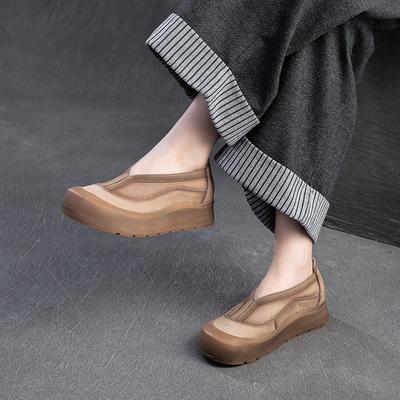 Натуральная кожа толстая подошва круглый носок мокасины ретро удобные женские туфли на плоской платформе