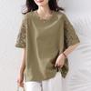 2025 Summer Plus Size Tops Cotton O-Neck Lace T-Shirt Women Solid Short Sleeve Loose Tees