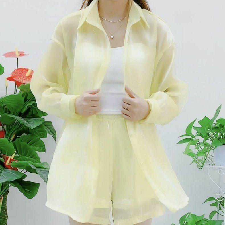 Однотонная свободная рубашка на пуговицах спереди, повседневная прозрачная тонкая рубашка с длинными рукавами на весну и осень, женская одежда