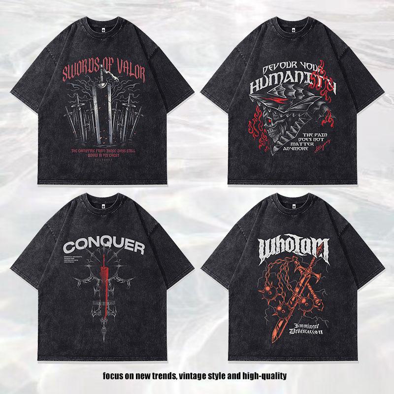 Heavy American Pure Cotton Vintage Printed T-Shirt Washed Old Round Neck Short Sleeve Vintage T-Shirt Men