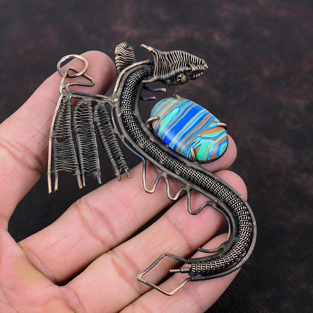 Rainbow Calsilica Pendant Copper Wire Wrapped Pendant Dragon Pendant Gemstone Copper Jewelry Gift For Women Handmade Jewelry Stylish Pendant