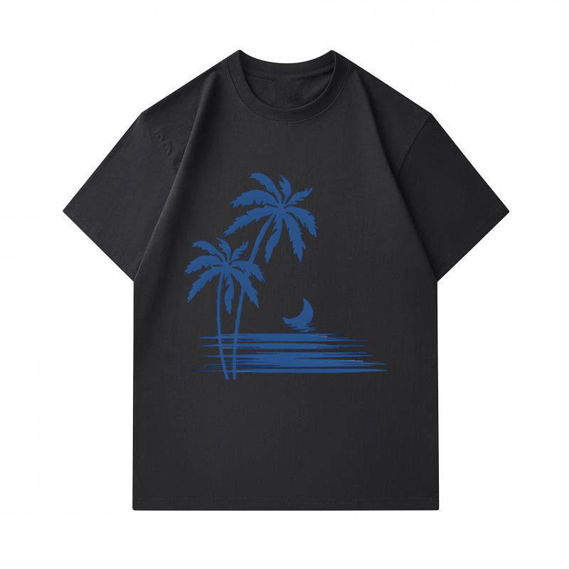 Men's 100% Cotton Crew Neck Short Sleeve T-Shirt, Casual Tropical Palm Tree Crescent Moon Sea Print Lightweight Breathable Summer Daily Tee for Men