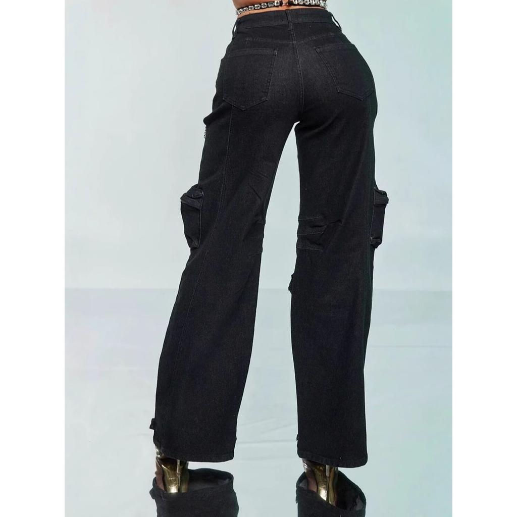 Женские прямые джинсы с вырезами, ромбами и кристаллами, осенние джинсы с широкими штанинами и множеством карманов, высокая талия