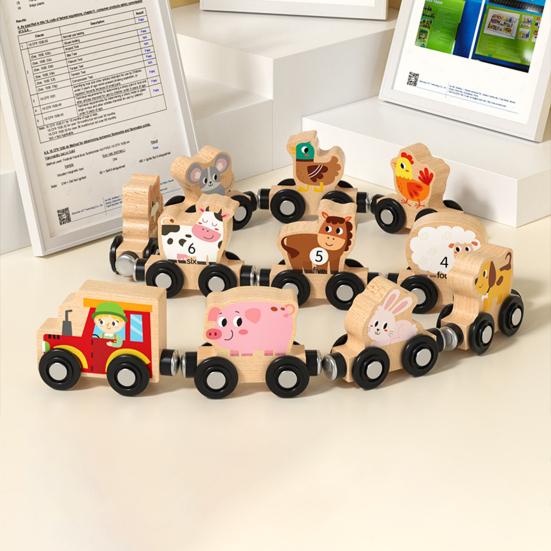 Kids Wooden Magnetic Farm Train Toy Color Cartoon Animal Number Preschool Learning Toddlers Boys Girls Educational Locomotive Carriages Toy