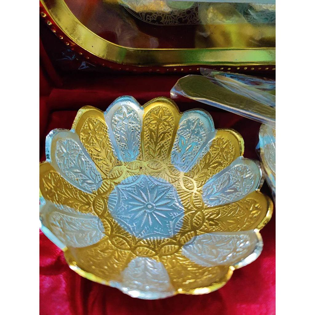 German Silver And Gold Plated Bowl Set With Royal Velvet Gift Box (Contains-2 Bowls 2 Spoons & 1 Tray), 100 ML