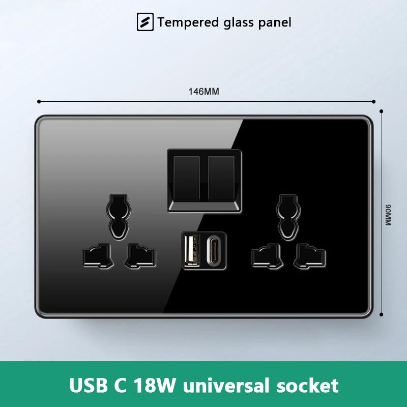 UK 13A Wall Socket with Type-C 18W Fast Charging Plug Socket,Glass Panel Power Double Universal Outlet with Quick USB C Charge