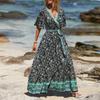 Women's V-neck Lace-up Printed Bohemian Dress Floral Short Sleeve Long Dress