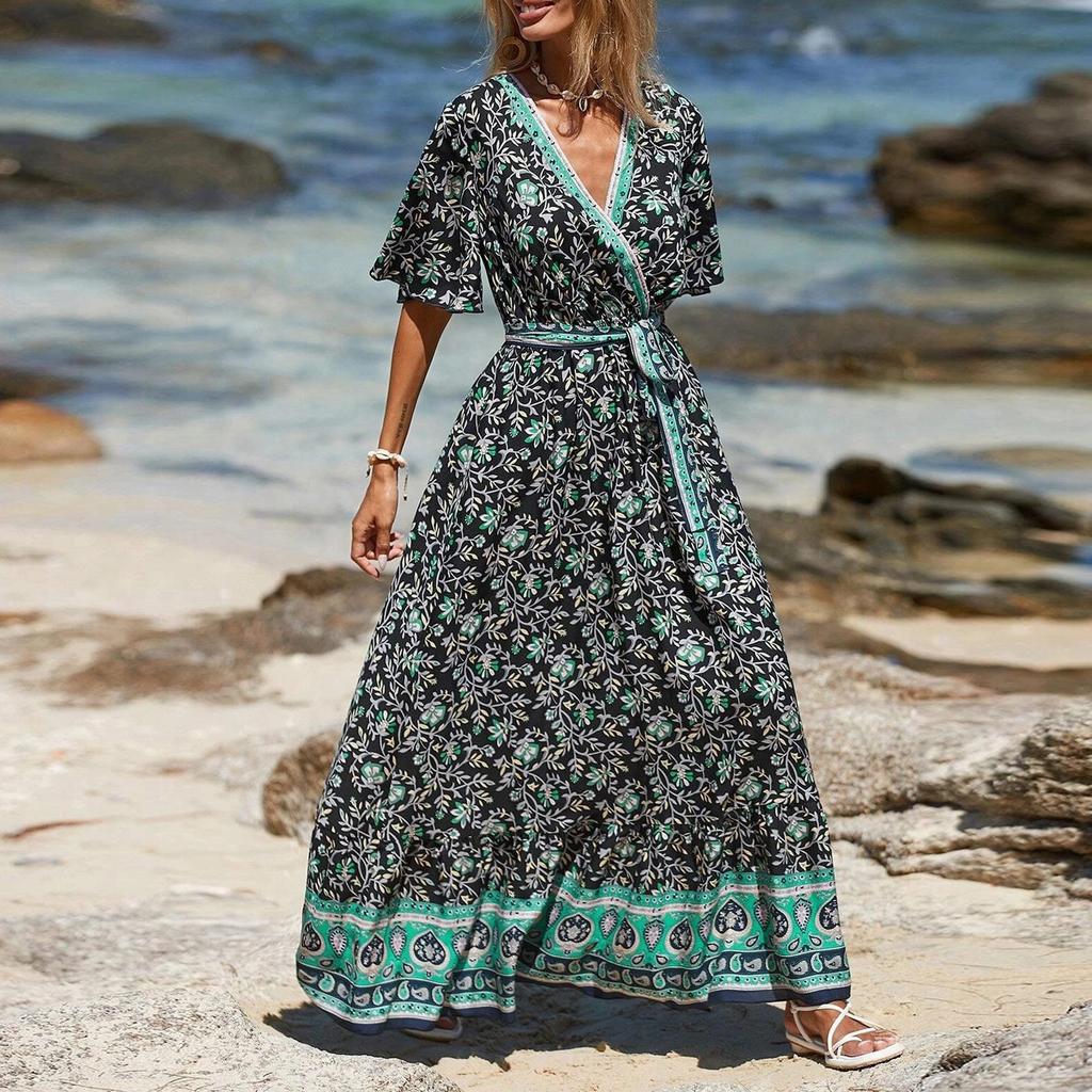 Women's V-neck Lace-up Printed Bohemian Dress Floral Short Sleeve Long Dress