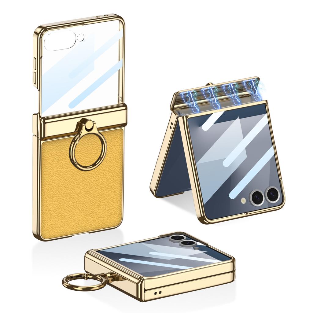 Suitable for Samsung Z Flip7 Mobile Phone Case Magnetic Folding Hinge Plain Leather Pc Electroplate Finger Ring Holder Shell Film Full Packaging