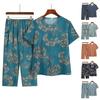 2Pcs/Set Women Pajamas Set Floral Print Short Sleeve Elastic Waist Wide Leg Pleated Trousers T-shirt Pants Set Mid-aged Grandmother Homewear Set