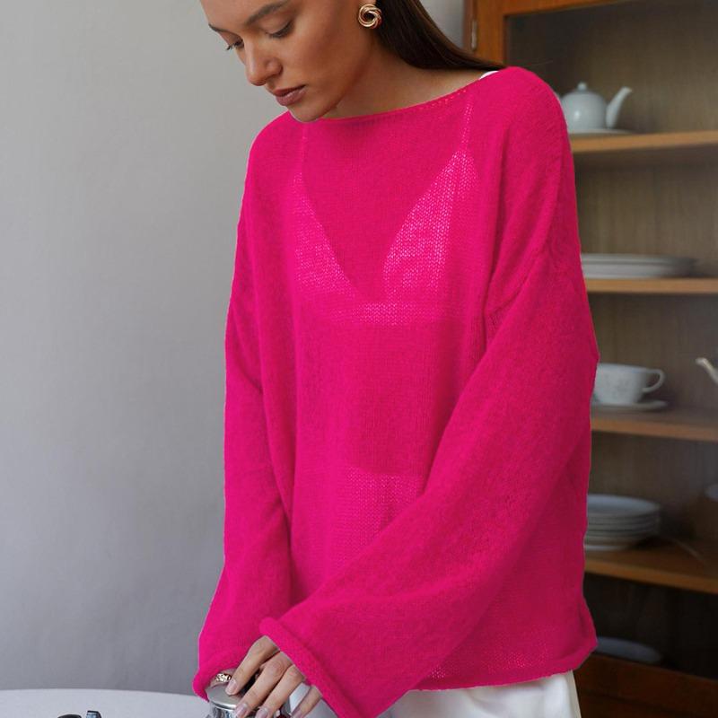 Fashion Hollow Loose Knitted Pullovers T-shirt Women Tops Spring Round Neck Flare Sleeve Women T Shirts Casual Autumn Thin Perspective Sexy Tee 25946