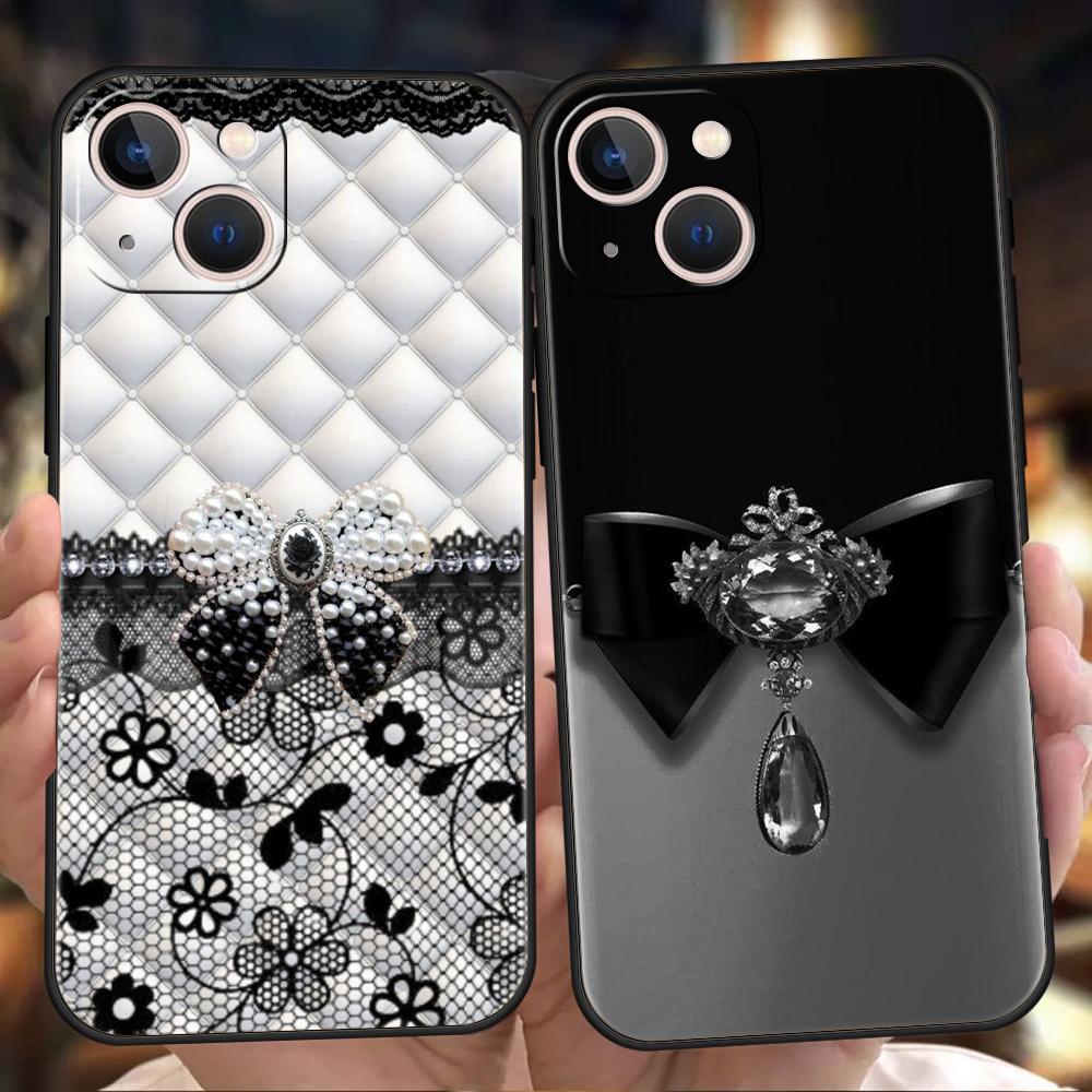Чехол для телефона Cover для iPhone 17 16 15 14 13 12 Pro Max 11 Pro Max 17AIR Plus Ударопрочный Мягкий ТПУ Черный Бантик Искусственный Жемчуг Расписной