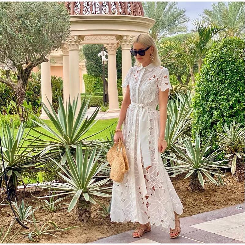 Women's White Hollow Flower Lace Dress 2025 Spring/Summer Short Sleeved Single Breasted Shirt Dress