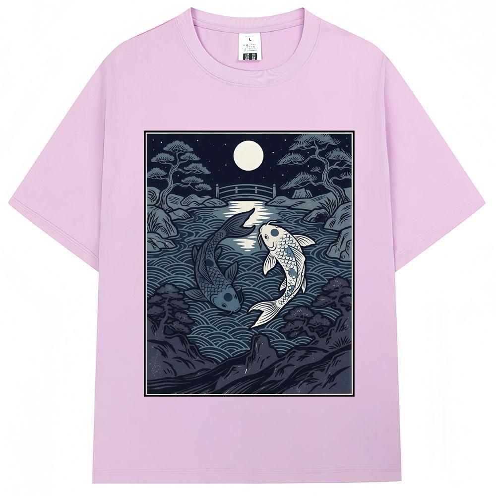 Japanese Style Yin Tang Koi Fish Moonrise Graphic T Shirt Unisex Unisex Fashion Vintage Tshirts Oversized Cotton Casual Y2k Tshirt